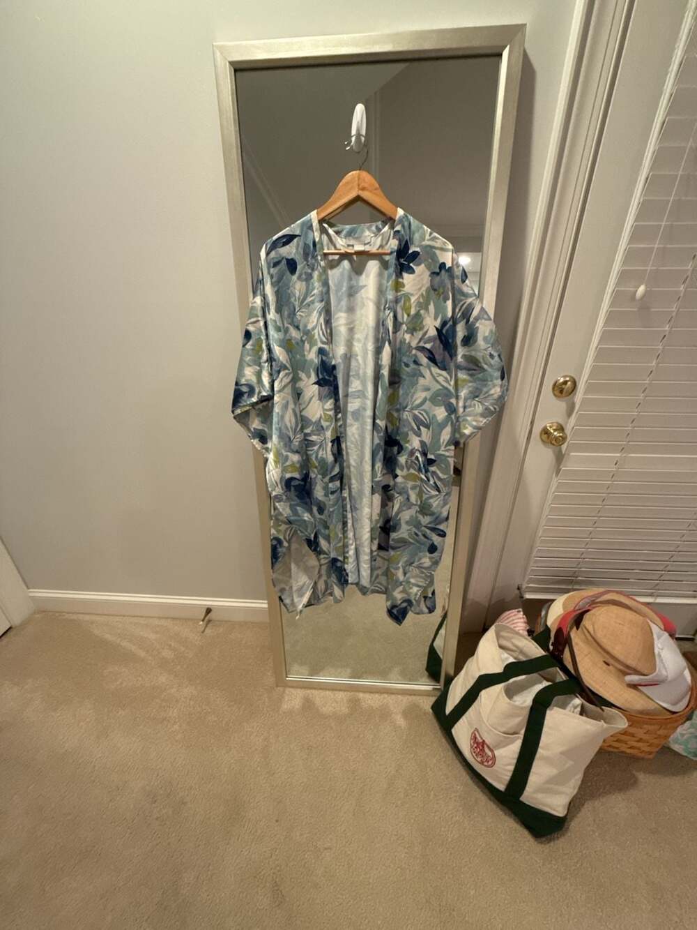 Nordstrom Satin Watercolor Floral Open Kimono Robe One Size Blue